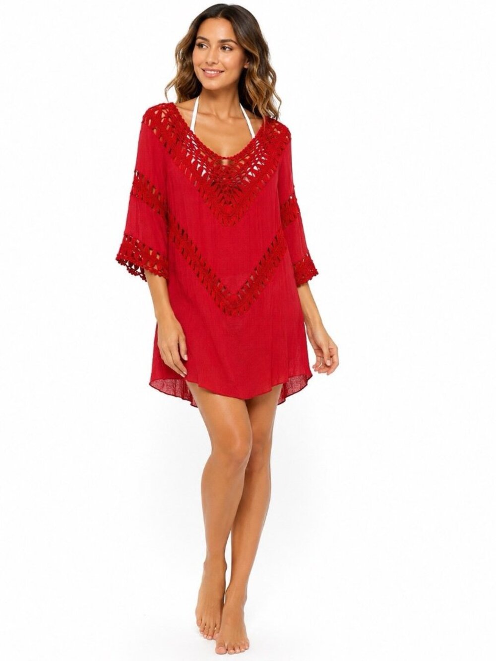 Dreamers Red Crochet Lace Boho Beach Cover Up Tunic Cottagecore Medium X1
